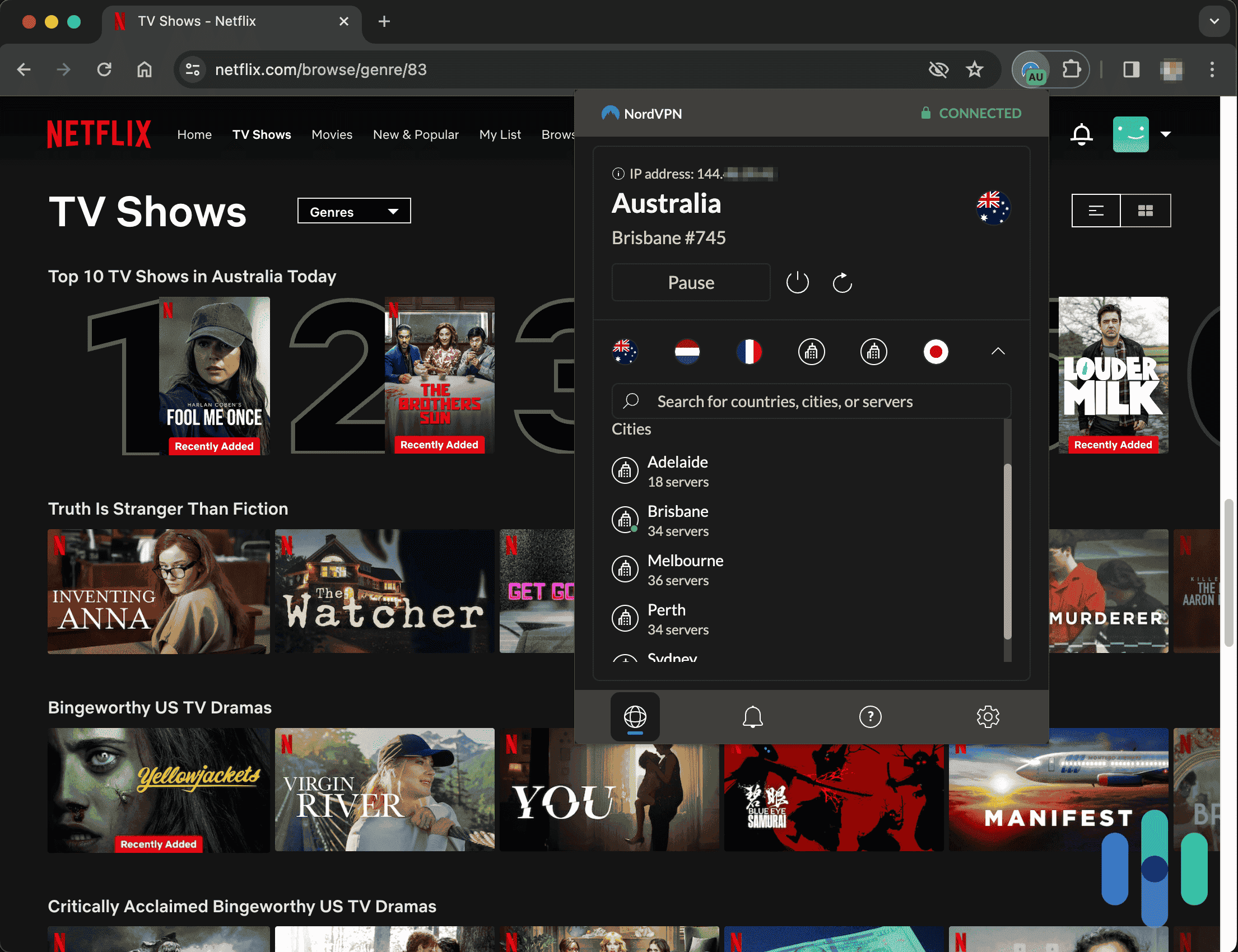 NordVPN Chrome App connected to Australia while browsing Netflix