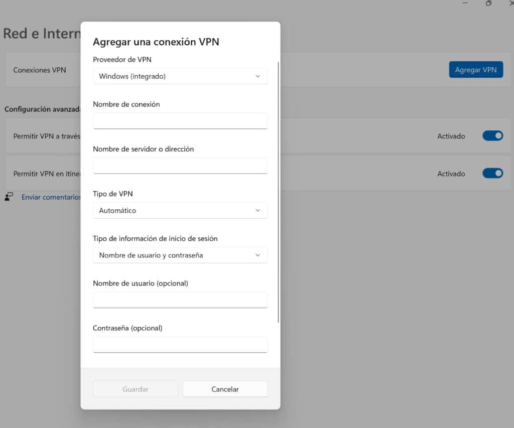 Cómo agregar o cambiar una VPN en Windows 10 o 11: pones los datos de tu conexion VPN. 