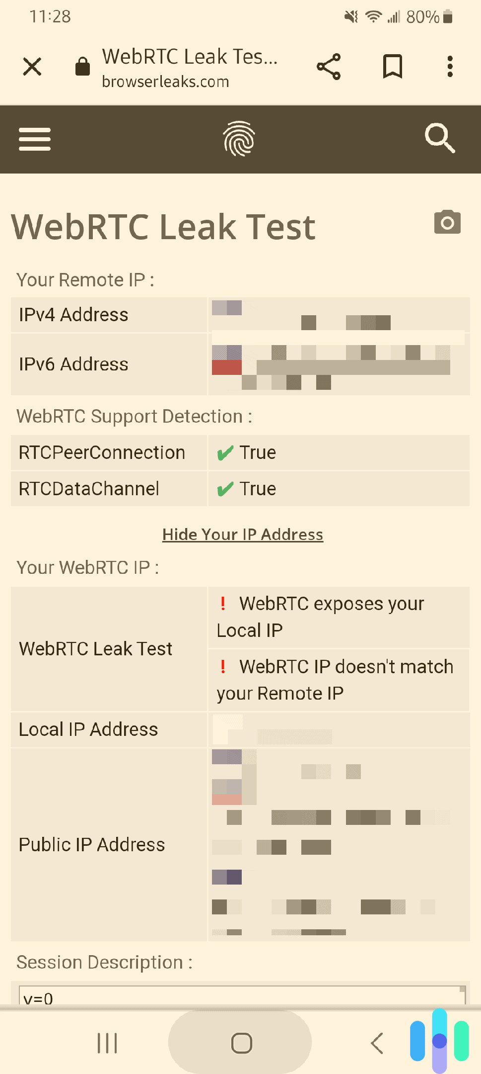 Performing a WebRTC Leak Test on a Samsung Android Phone