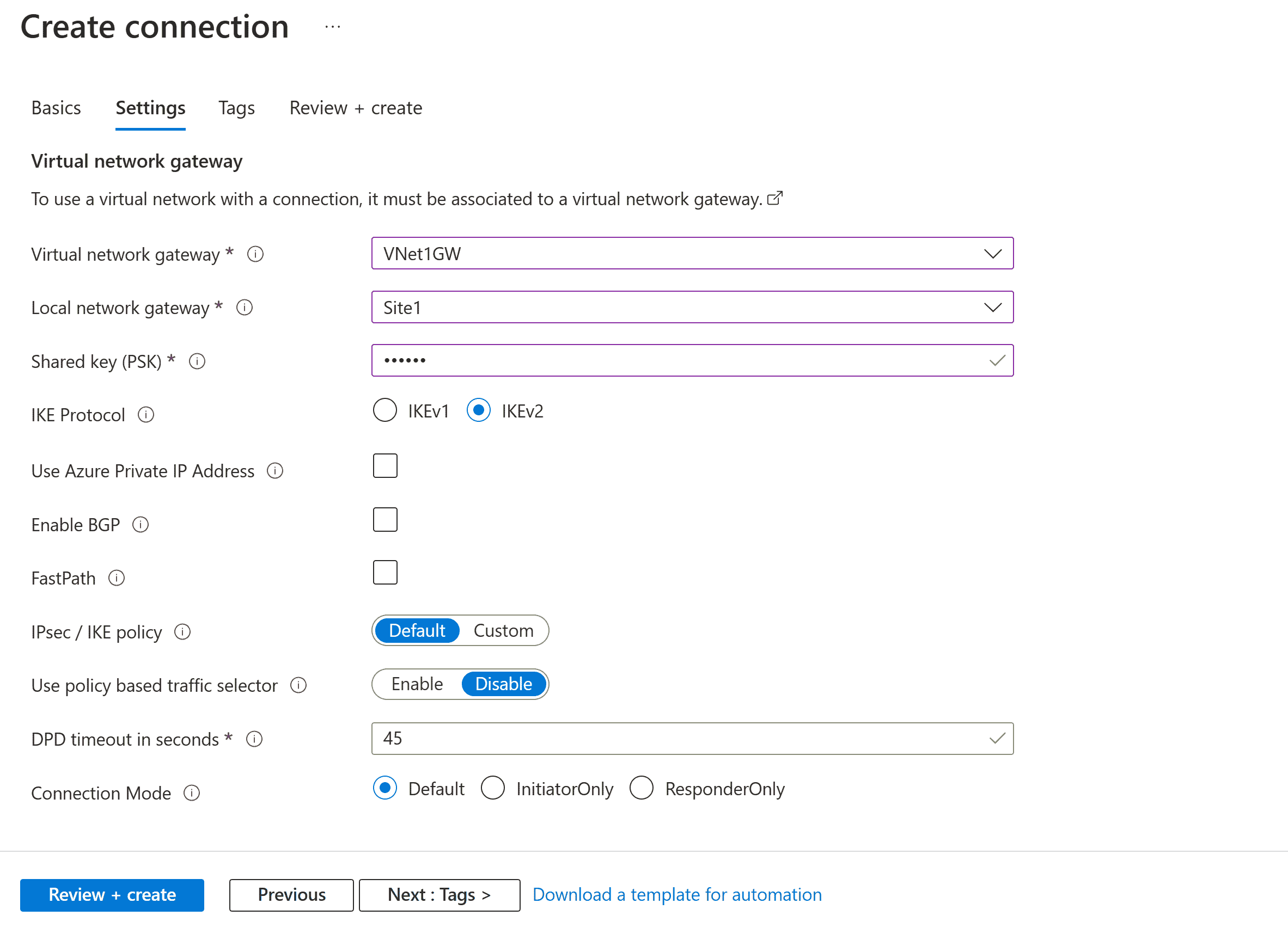 Screenshot that shows the Settings  page .