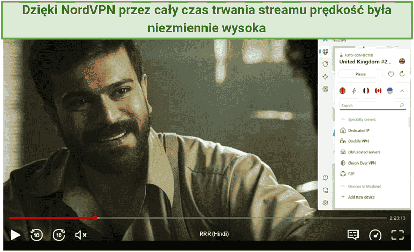 A screenshot of RRR playing on Netflix while connected to one of NordVPN's UK servers