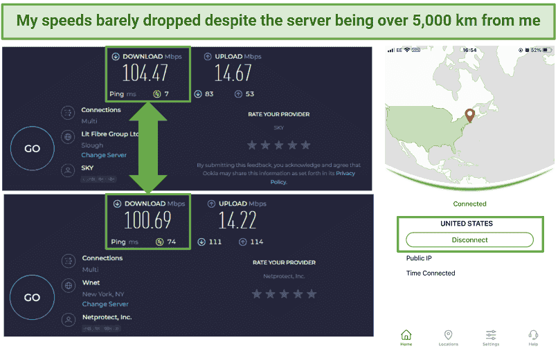 Screenshot of IPVanish's speed tests on long-distance servers in New York