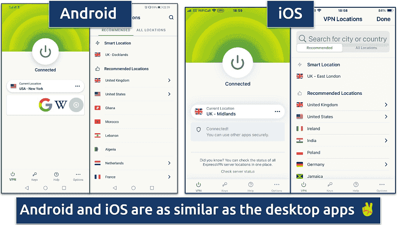 Screenshots of the Android  andiOS ExpressVPN apps