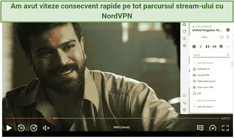 O captură de ecran a filmului RRR rulând pe Netflix în timp ce era conectat la unul dintre serverele UK ale NordVPN