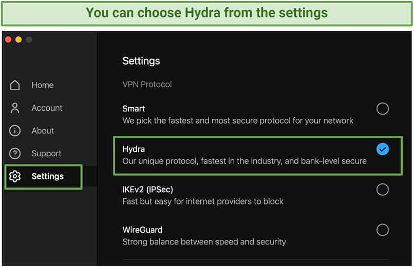 Screenshot of Hotspot Shield's protocol settings