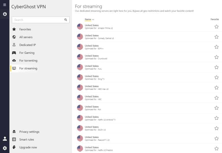 Screencapture of CyberGhost VPN shwoing CyberGhost streaming servers.