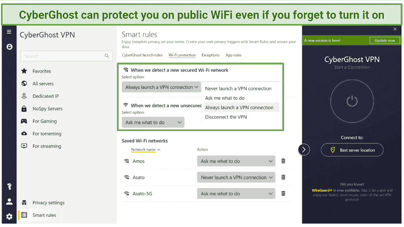 Screenshot of CyberGhost app settings showing where to toggle automatic WiFi protection