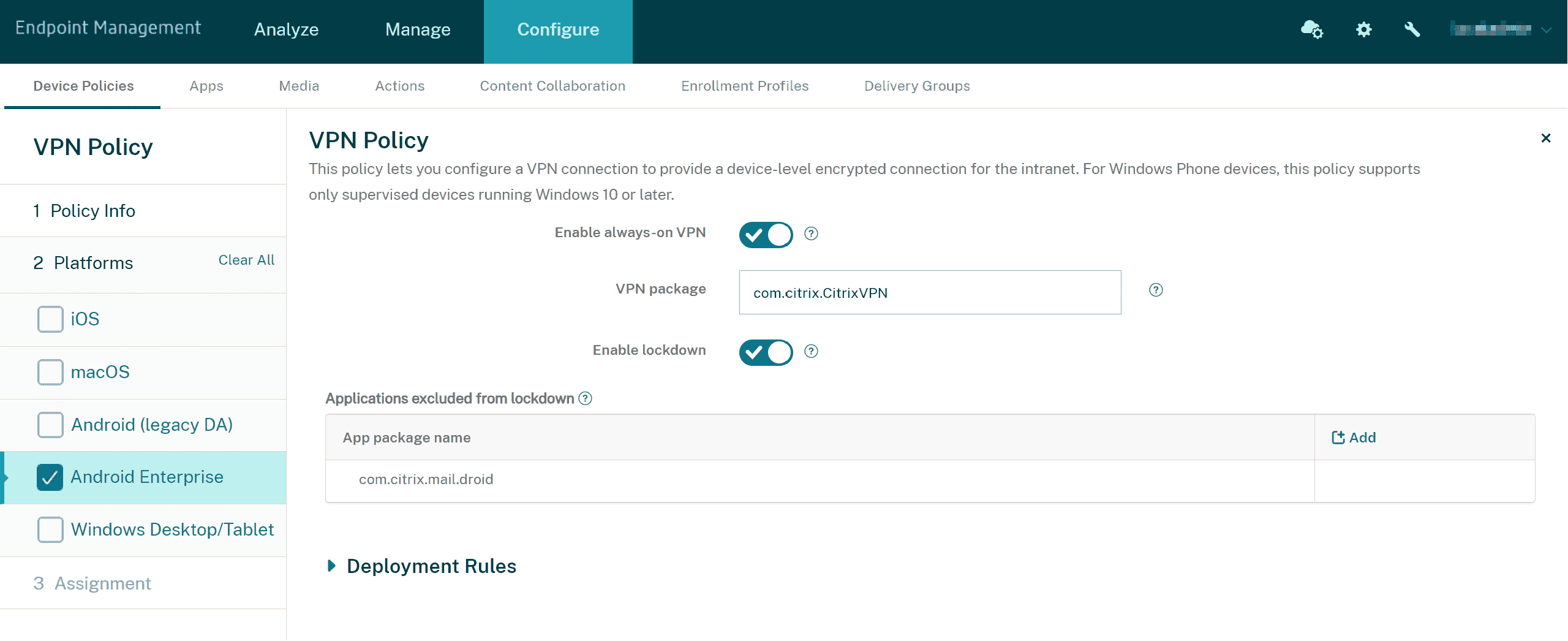 Device Policies configuration screen