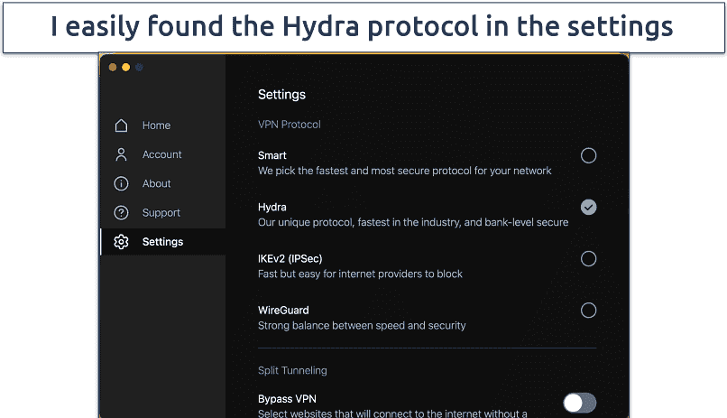 Screenshot of the protocols available in the Hotspot Shield app