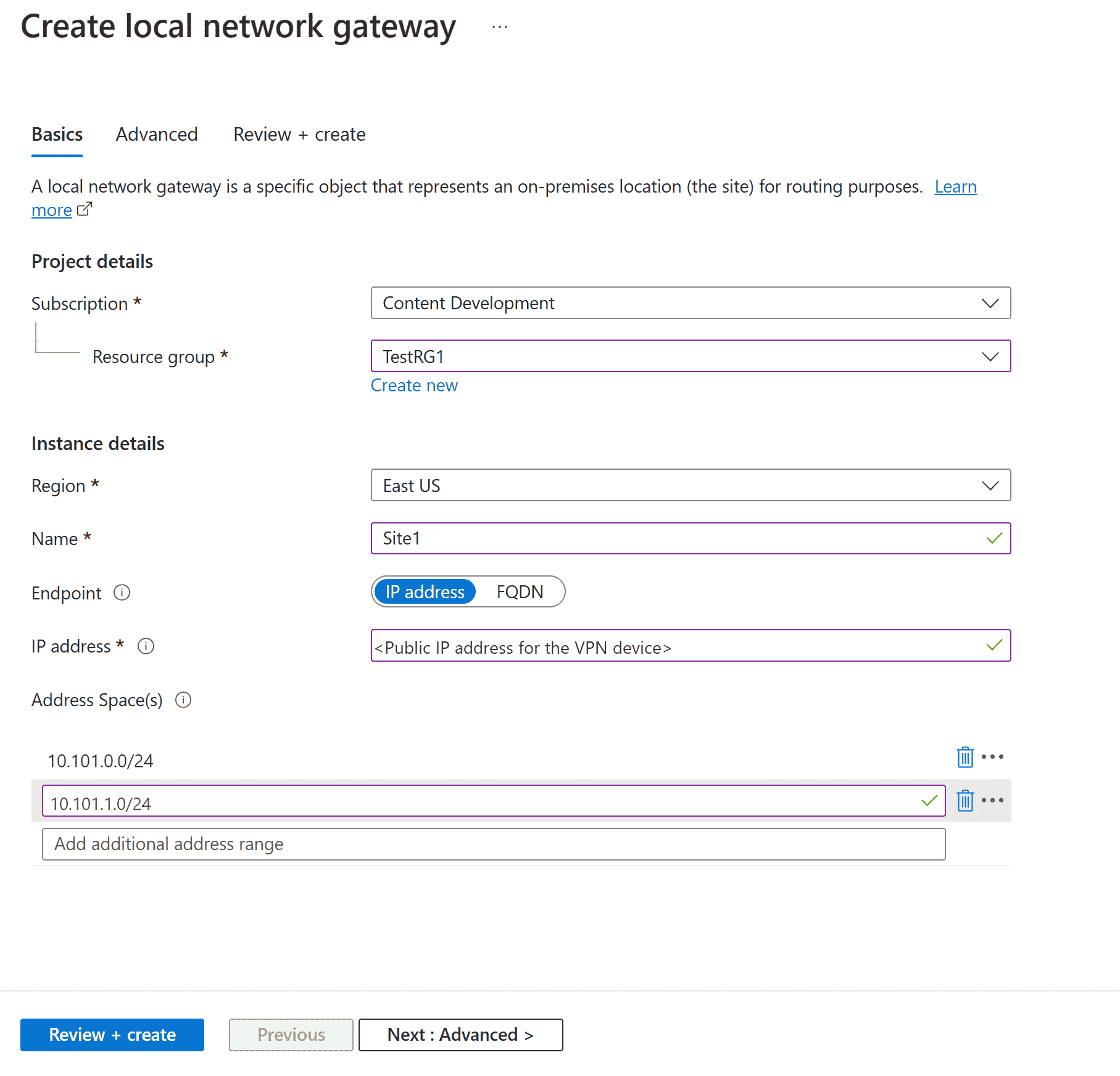 Screenshot that shows creating a local network gateway with IP address.