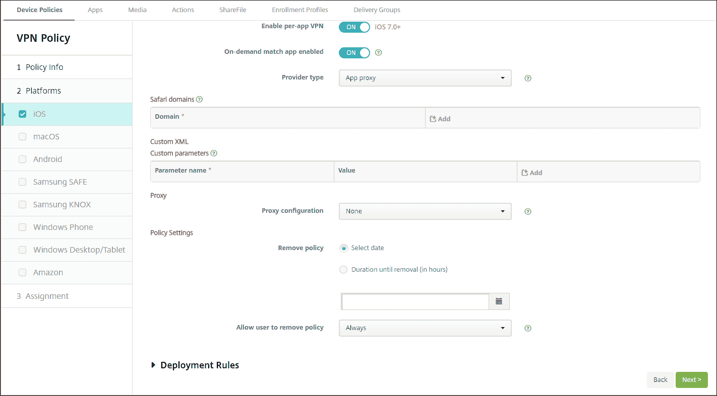 Device Policies configuration screen