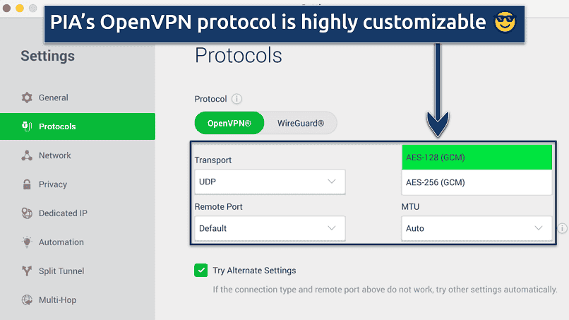 Screenshot showing the customization options for OpenVPN on PIA's app