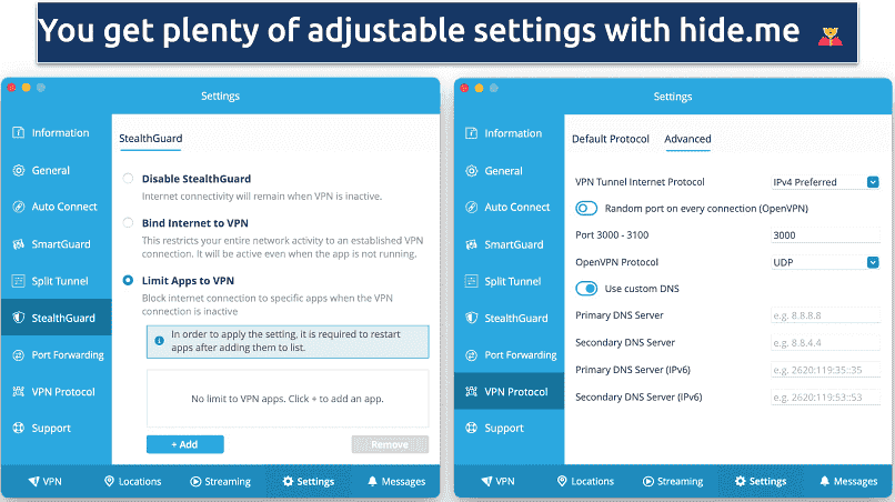 Screenshot showing the Settings panel on hide.me's app