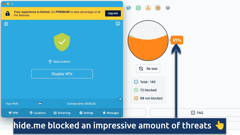 hide.me's app connected to a Netherlands server over an ad and malicious content blocker test tool