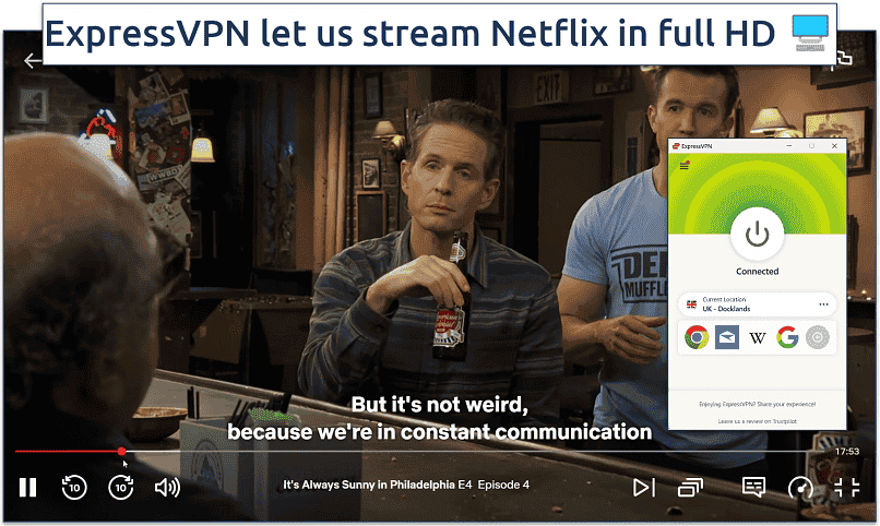 Screenshot of It's Always Sunny streaming on Netflix UK with ExpressVPN connected