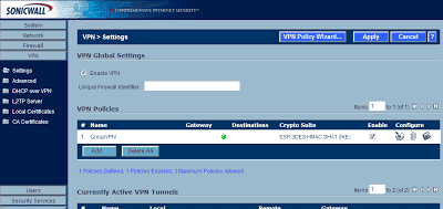 Sonicwall Configuration Page, VPN > Settings