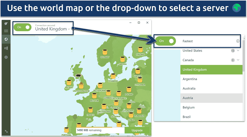 Screenshot of TunnelBear's free window VPN app showing server map and drop-down list