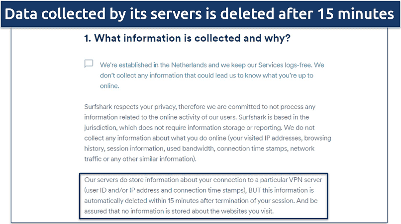 Screenshot of Surfshark's privacy policy highlighting their data collection