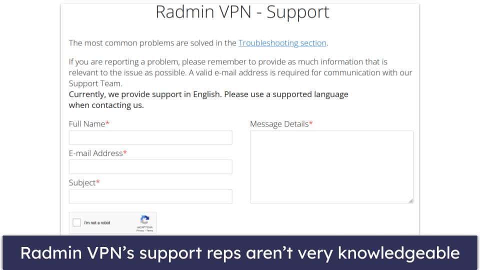 Radmin VPN Customer Support — Pretty average