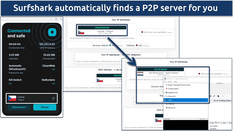 Screenshot of Surfshark automatically connecting to P2P server when opened BitTorrent app