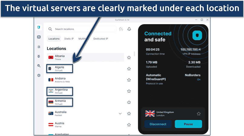 Screenshot of Surfshark's Windows app highlighting the virtual servers