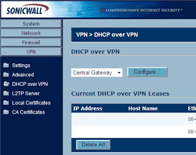 Sonicwall Configuration Page, VPN > DHCP over VPN