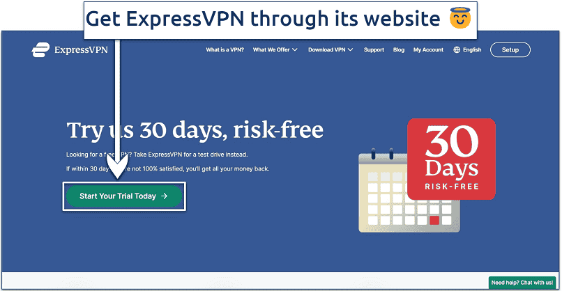 Screenshot of ExpressVPN's risk-free trial page