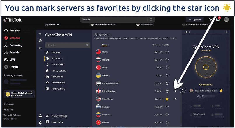 Screenshot of TikTok's explore page with CyberGhost connected to the US