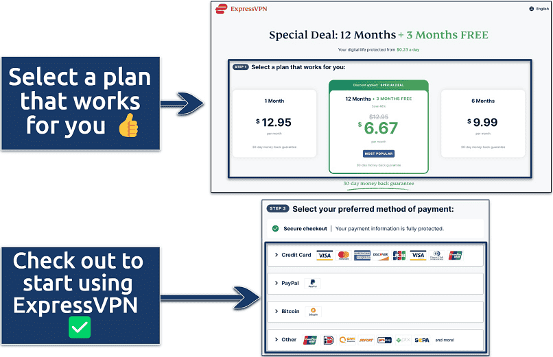 Screenshots showing how to purchase an ExpressVPN plan