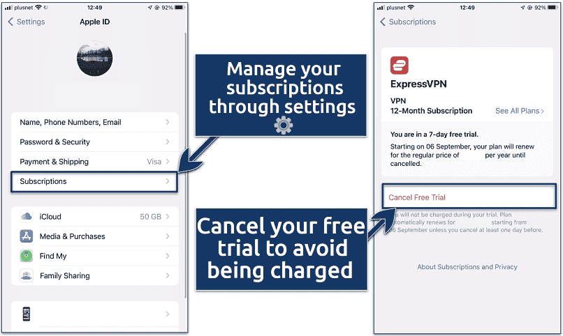 Screenshot showing how to cancel ExpressVPN free trial on iOS