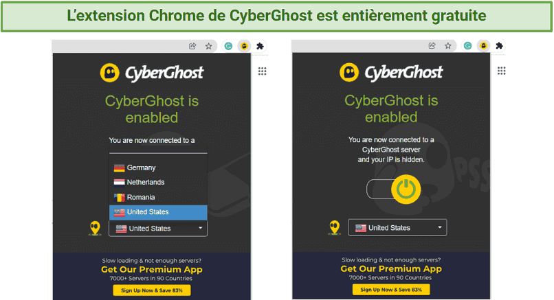 Screenshot of the CyberGhost chrome extension