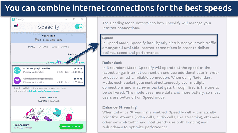 Screenshot of Speedify's free window app showing the Bonding feature