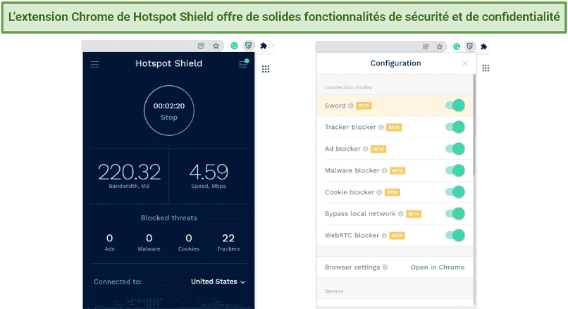 Screenshot showing the interface and features of the Hotspot Shield's chrome extension