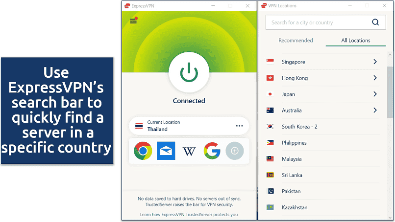 A screenshot showing the ease of connecting to a server with ExpressVPN