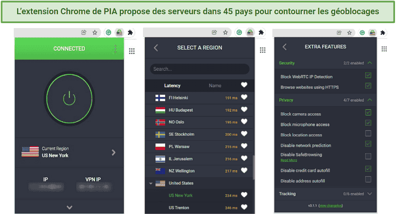 Screenshot showing the interface and features of the PIA chrome extension