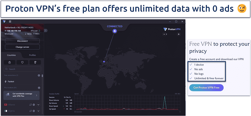 Screenshot of Proton VPN's free app on window and unlimited data offer on free plan