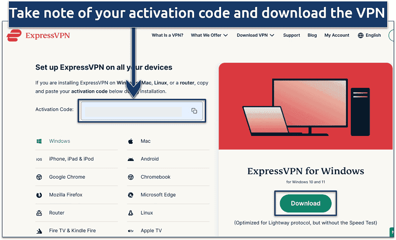 Screenshot of ExpressVPN activation code page