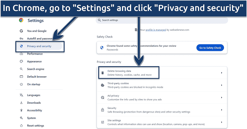 A screenshot showing how to clear cookies and cache in chrome