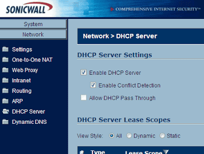 Sonicwall Configuration Page, Network > DHCP Server