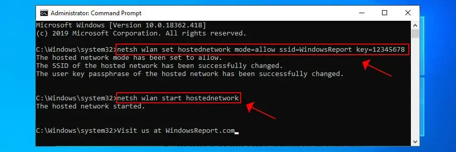 netsh wlan start hostednetwork