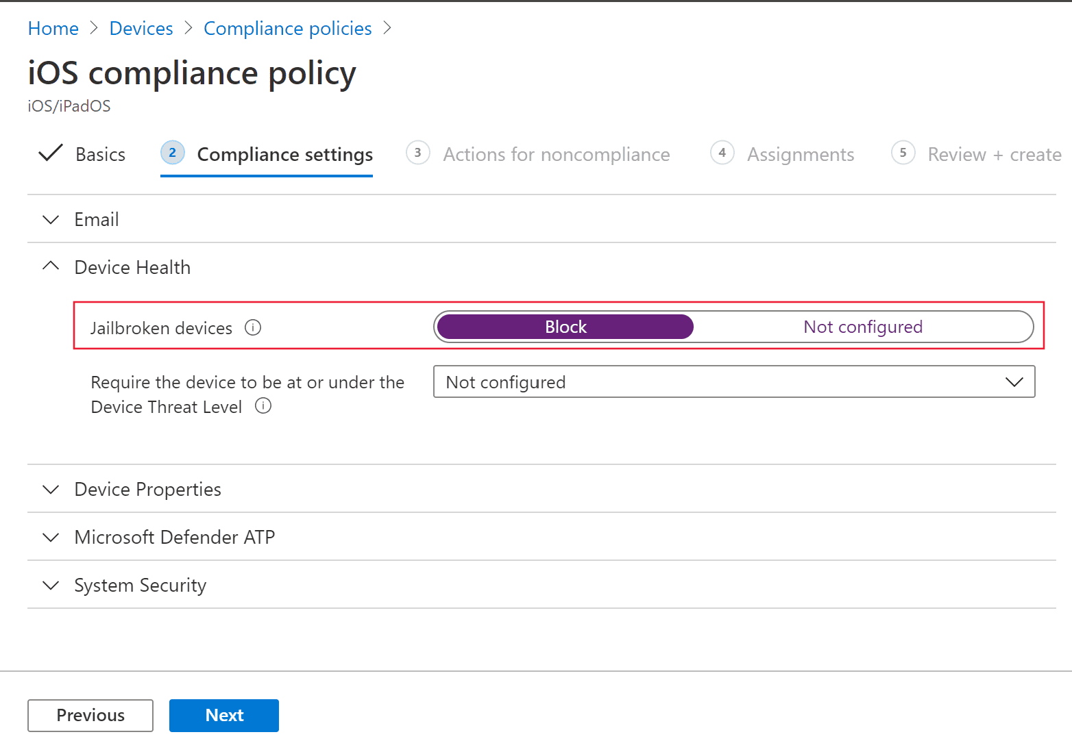 The Compliance settings tab