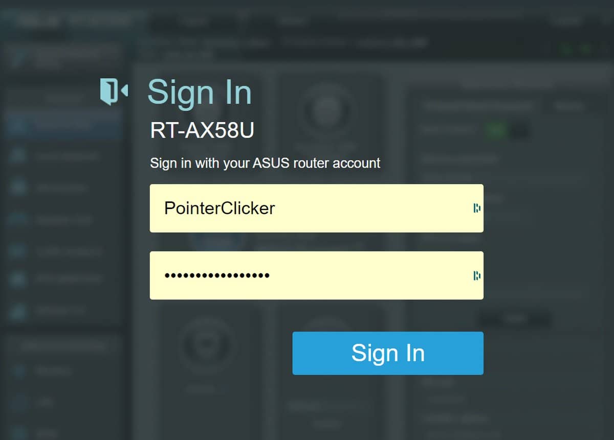 The Asus router login admin interface with name and password are typed in