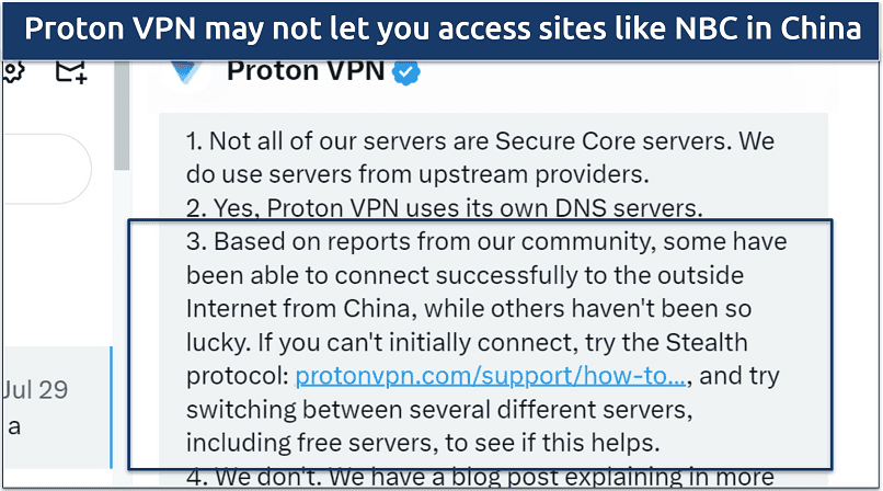 A screenshot showing Proton VPN's support team confirming the VPN may work in China