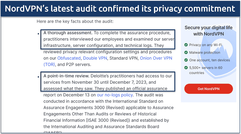 Screenshot of nordvpn's statement about its attest audit