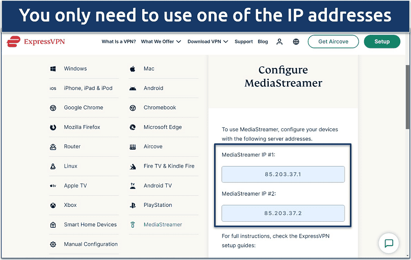 Screenshot of the MediaStreamer Smart DNS page in the ExpressVPN account dashboard