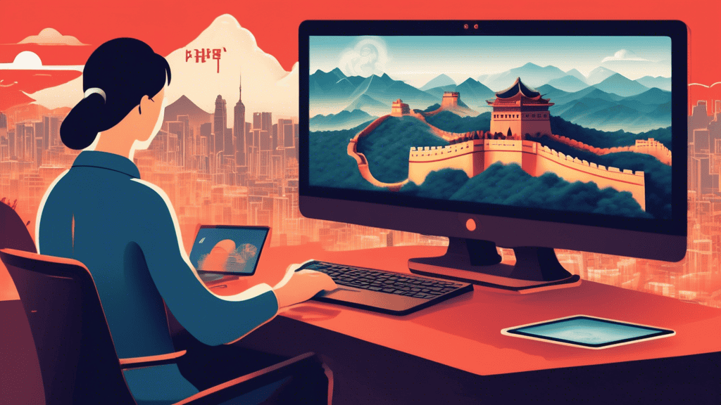 Create an image showing a person in front of a laptop screen displaying the Astrill VPN interface, with iconic Chinese landmarks in the background (such as the Great Wall and Shanghai