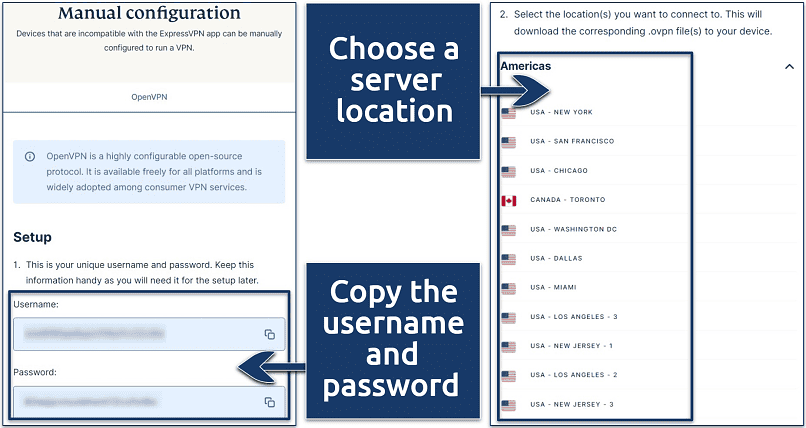 Screenshot of ExpressVPN Manual Configuration page highlighting the username and password as well as US server options