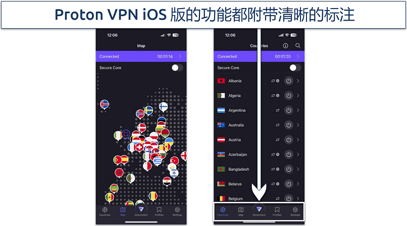 Screenshot of Proton VPN's iOS app showing server map and server list