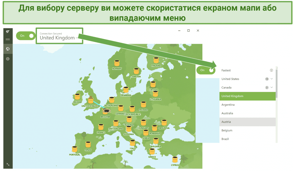 Screenshot showing TunnelBear Free VPN user interface and how to select server locations