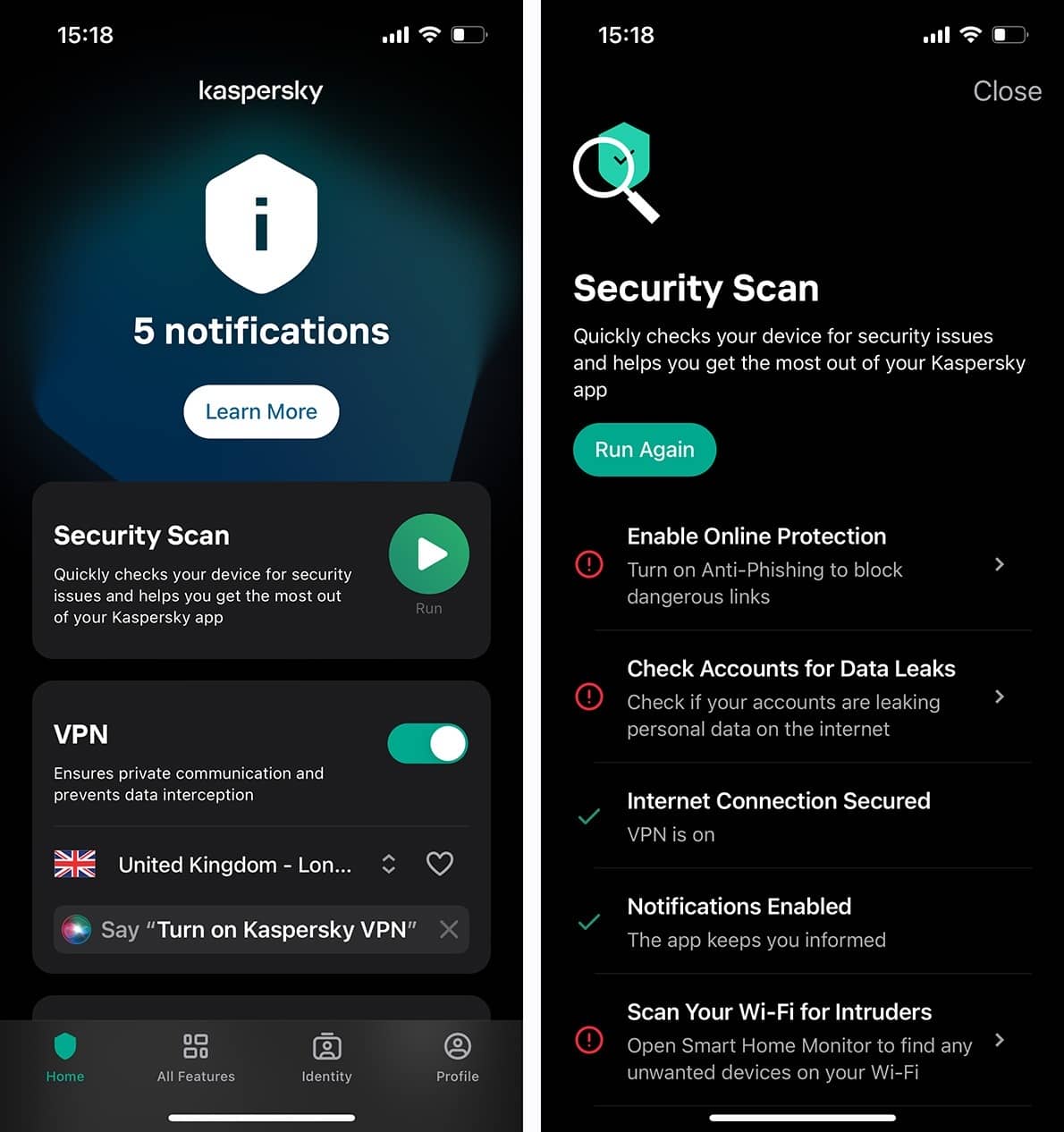 Quick device security scan in Kaspersky for iOS 